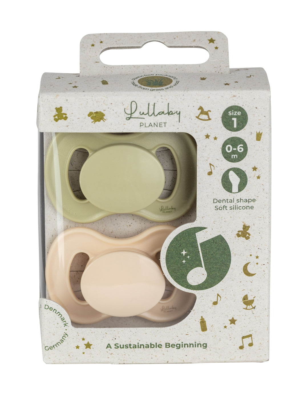 Lullaby Planet Lullaby Planet Dental Silicone Soothers Size 1 Lake Green & Alabaster 2 pcs. Comforter & teether