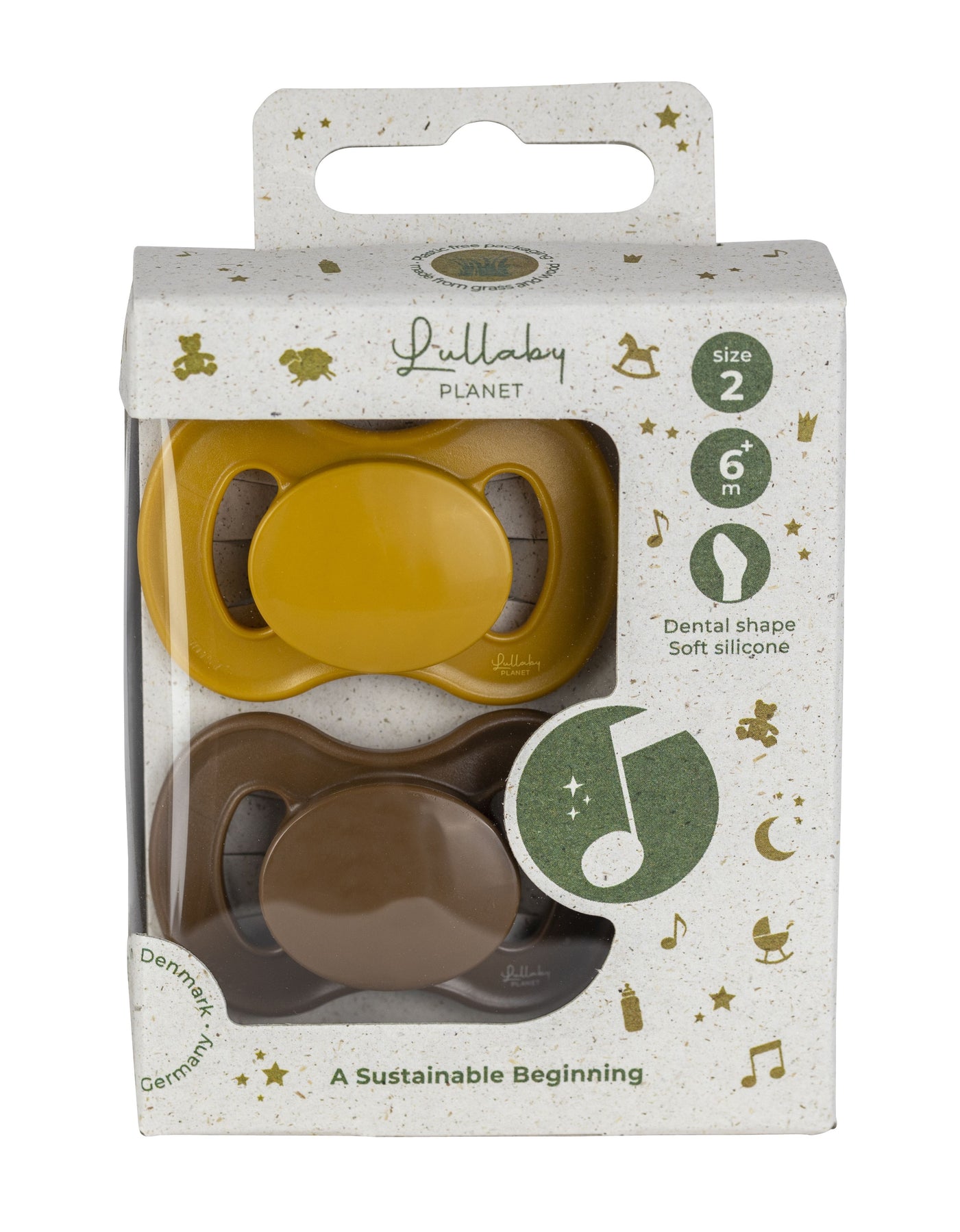Lullaby Planet Lullaby Planet Dental Silicone Soothers Size 2 Honey Mustard & Hazelnut Brown 2 pcs. Comforter & teether