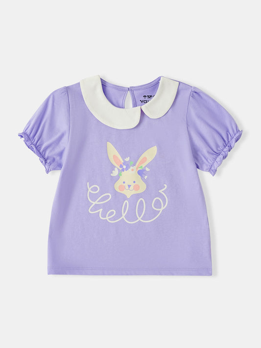 Kid Signature Collar Short Sleeve Bunny Print Tee