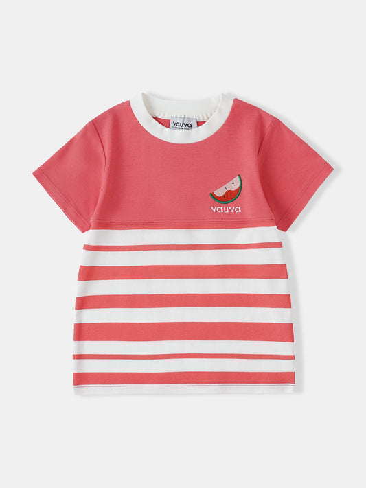 Kid Short Sleeve Watermelon Embroidery Two-Tone Tee