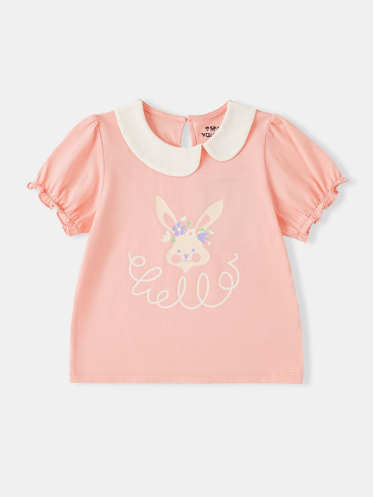 Kid Signature Collar Short Sleeve Bunny Print Tee