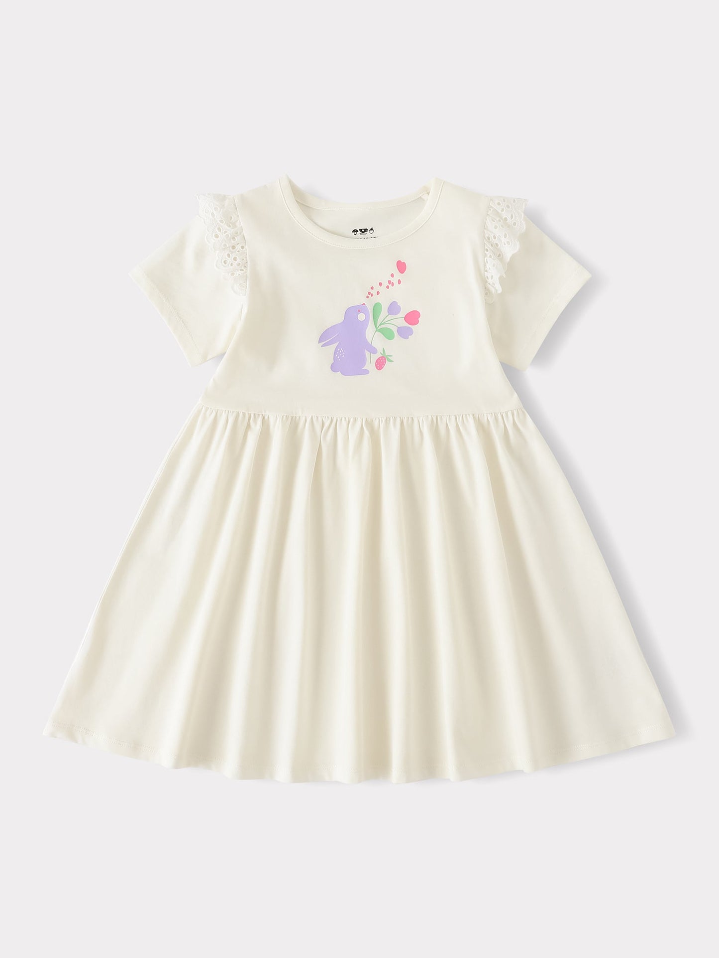 Kid Short Sleeve Lace-Trimmed Bunny Print Dress