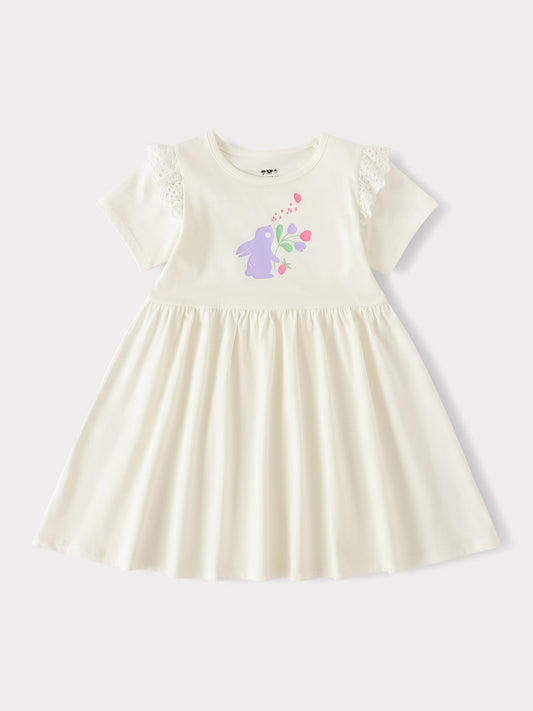 Kid Short Sleeve Lace-Trimmed Bunny Print Dress