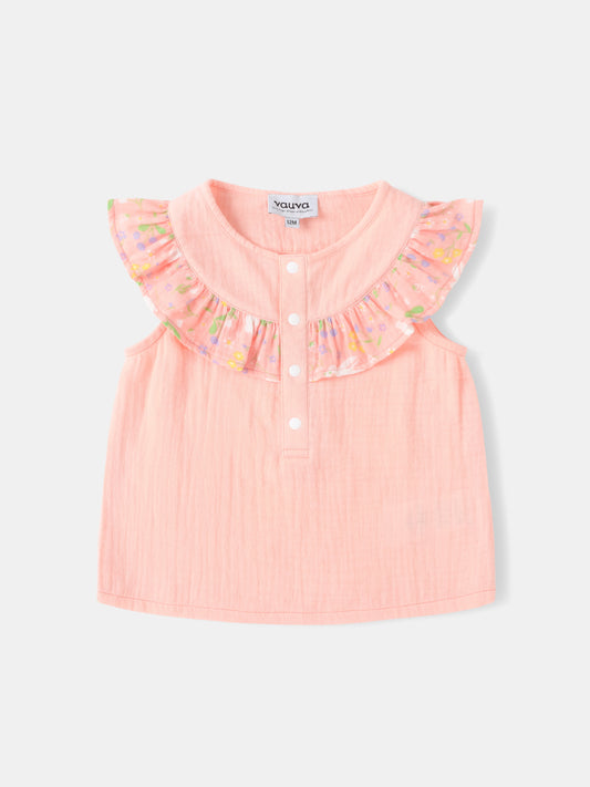 Baby Sleeveless All-Over Bunny Print Ruffle Two-Tone Top