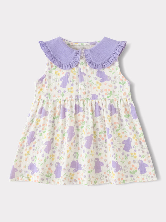 Baby Babydoll Collar Sleeveless All-Over Bunny Print Dress & Knicker Set