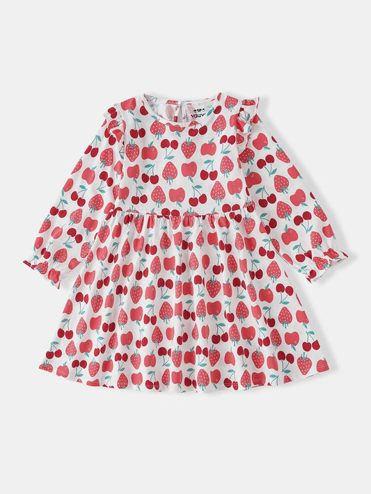 Kid Long Puff Sleeve All-Over Berries Print Dress
