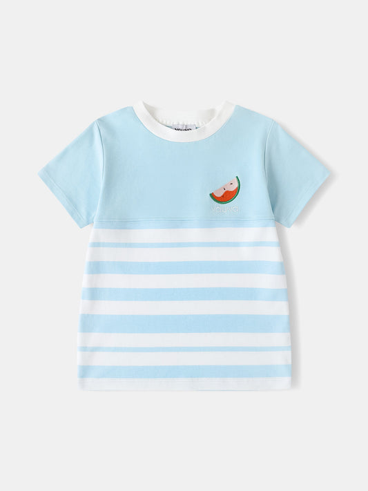 Kid Short Sleeve Watermelon Embroidery Two-Tone Tee