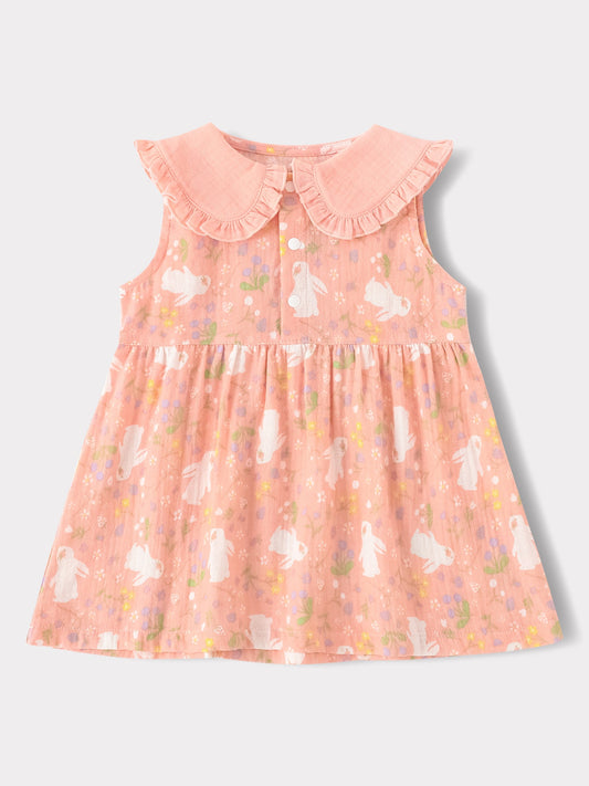 Baby Babydoll Collar Sleeveless All-Over Bunny Print Dress & Knicker Set