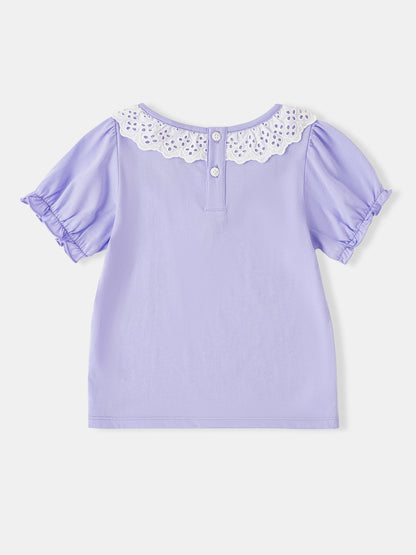 Kid Lace-Trimmed Collar Short Puff Sleeve Bunny Print Tee