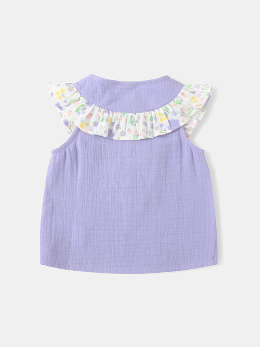 Baby Sleeveless All-Over Bunny Print Ruffle Two-Tone Top