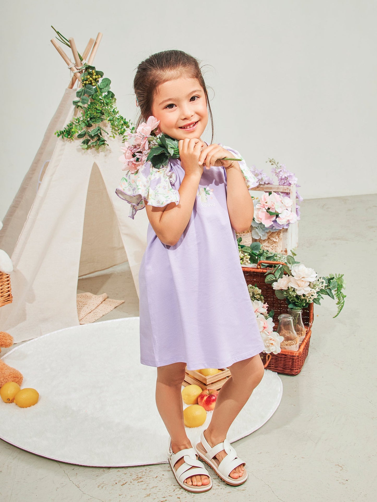 Kid Ruffle Cap Sleeve Bunny Print Dress
