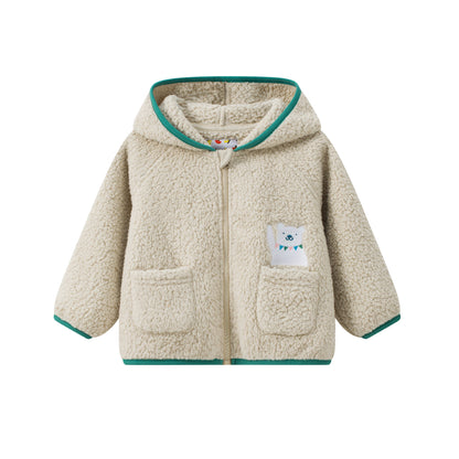 Bear-Embroidered Hooded Teddy Jacket