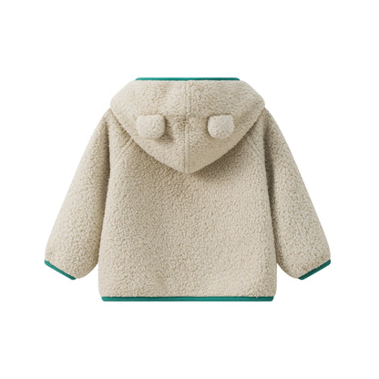Bear-Embroidered Hooded Teddy Jacket