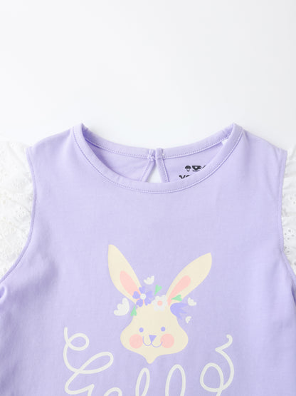 Kid Lace Cap Sleeve Bunny Print Tee