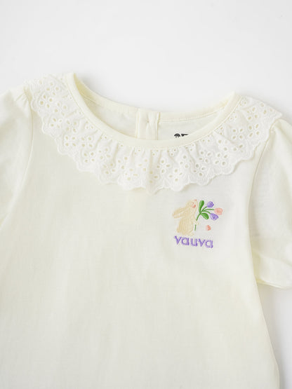 Kid Lace-Trimmed Collar Short Puff Sleeve Bunny Print Tee