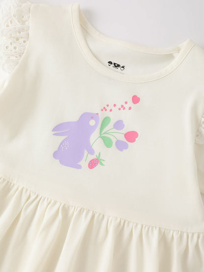 Kid Short Sleeve Lace-Trimmed Bunny Print Dress
