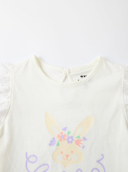 Kid Lace Cap Sleeve Bunny Print Tee