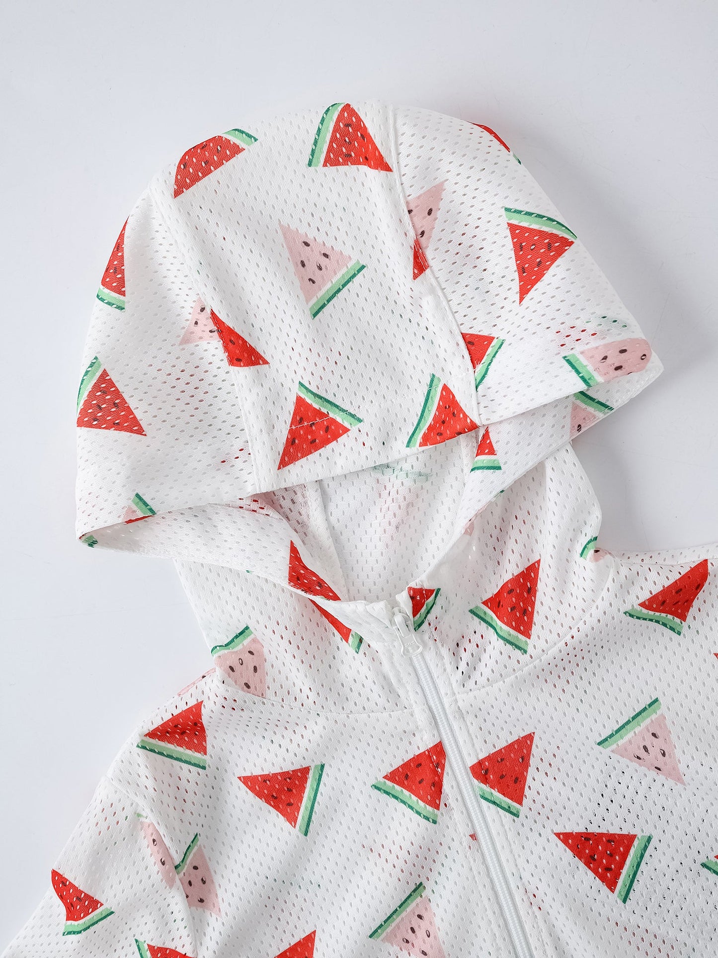 Kid All-Over Watermelon Print Mesh Hooded Zipped Jacket