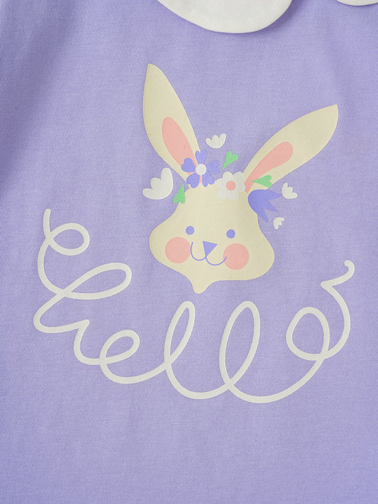 Kid Signature Collar Short Sleeve Bunny Print Tee