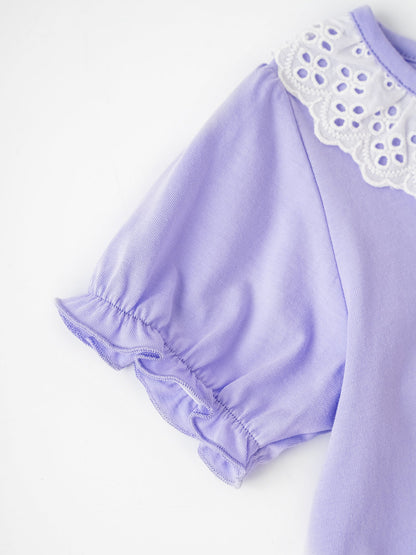Kid Lace-Trimmed Collar Short Puff Sleeve Bunny Print Tee