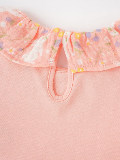 Kid Ruffle Collar Short Sleeve Bunny Print Tee