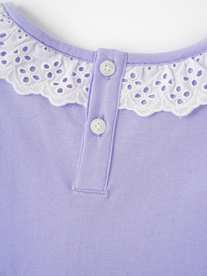 Kid Lace-Trimmed Collar Short Puff Sleeve Bunny Print Tee