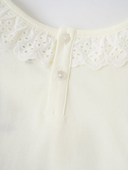 Kid Lace-Trimmed Collar Short Puff Sleeve Bunny Print Tee